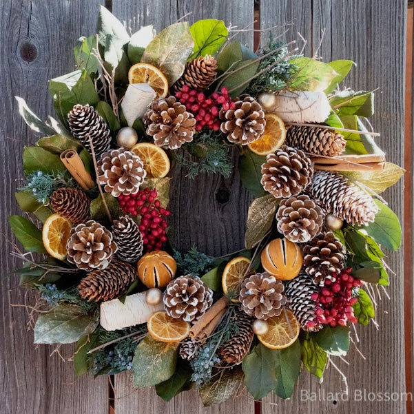 Cinnamon, Pinecone and Orange Wreath – Ballard Blossom Inc, Seattle WA