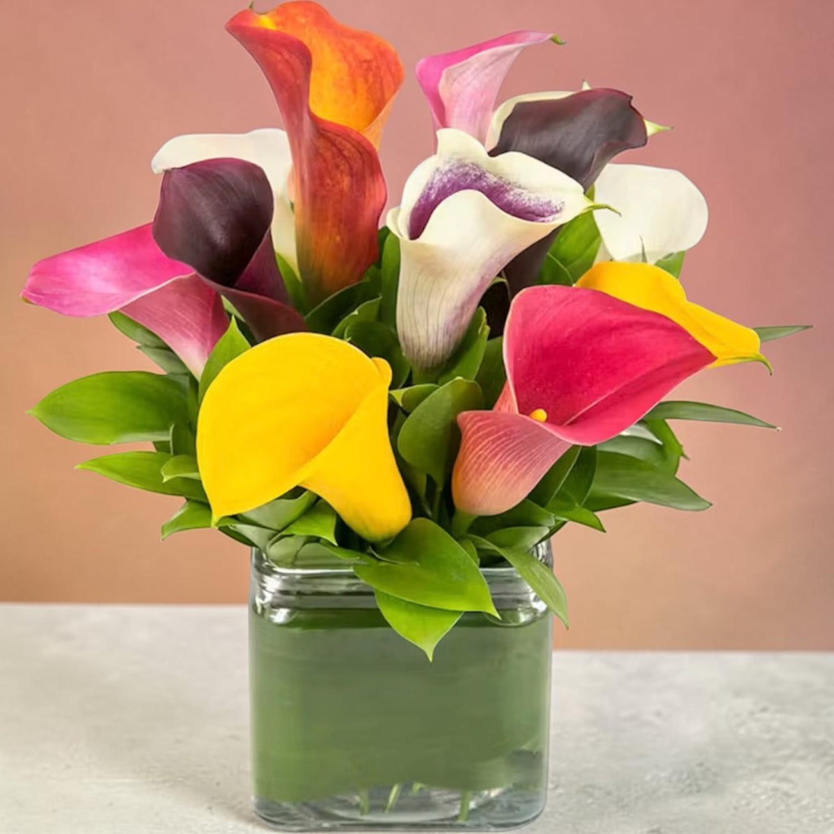 Colorful Calla Lily Cube – Ballard Blossom Inc, Seattle WA