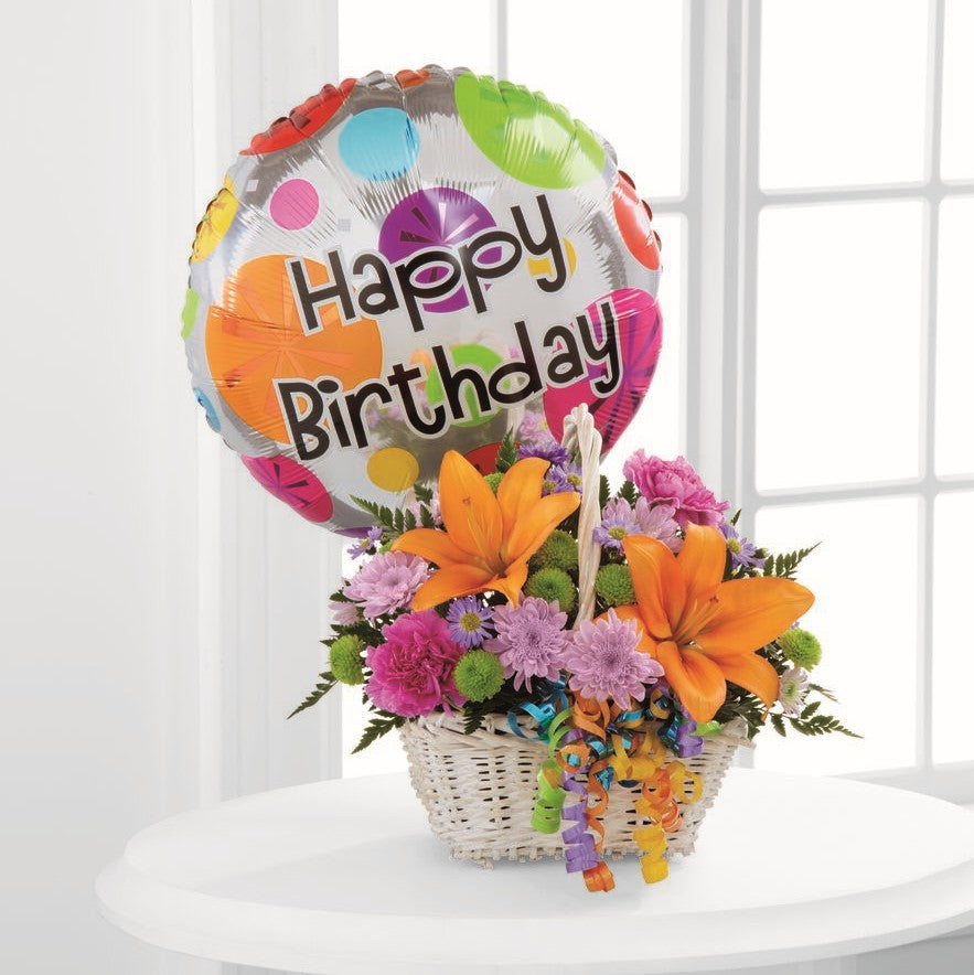 Ballard's Birthday Flower Basket with Balloon – green, lavender