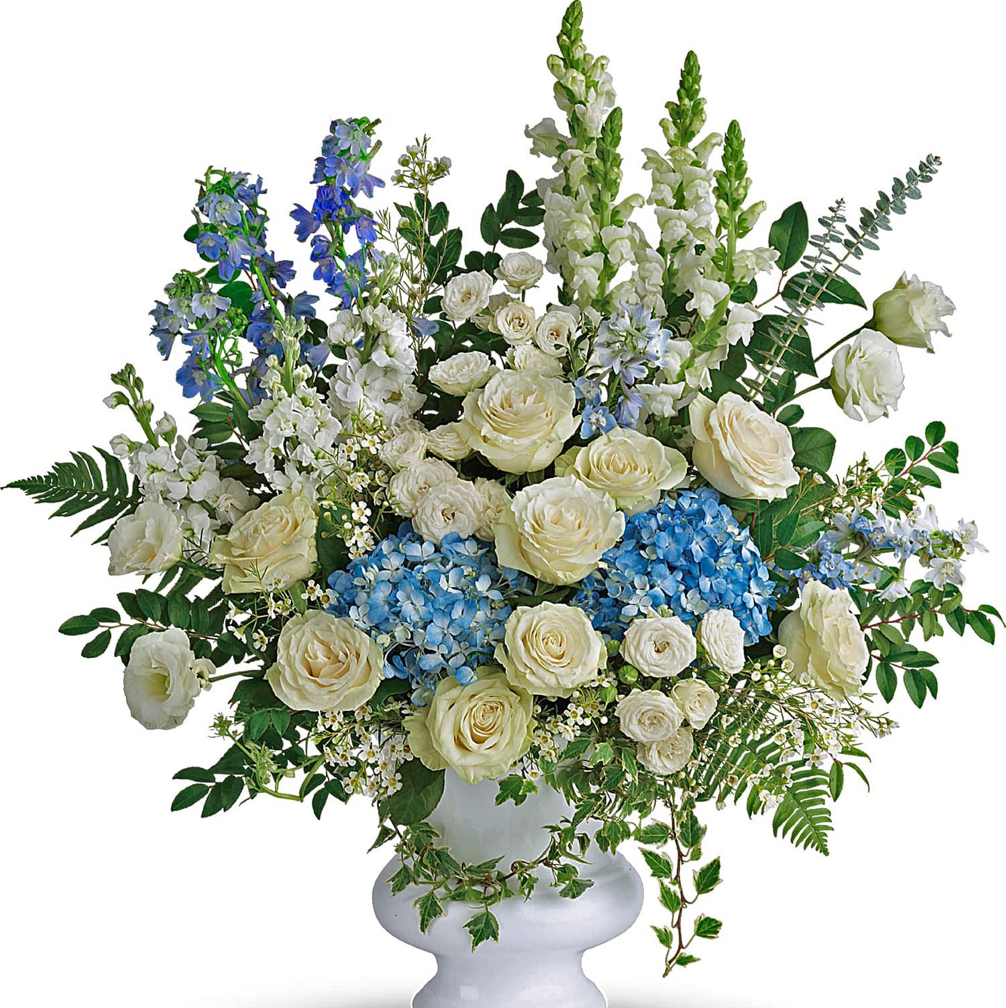 Treasured Memory Blue and White Funeral Arrangement – Ballard Blossom Inc, Seattle WA