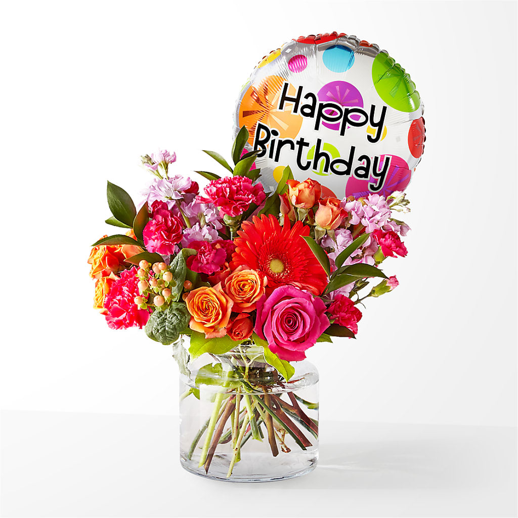 Fiesta Bouquet with Birthday Balloon – Ballard Blossom Inc, Seattle WA