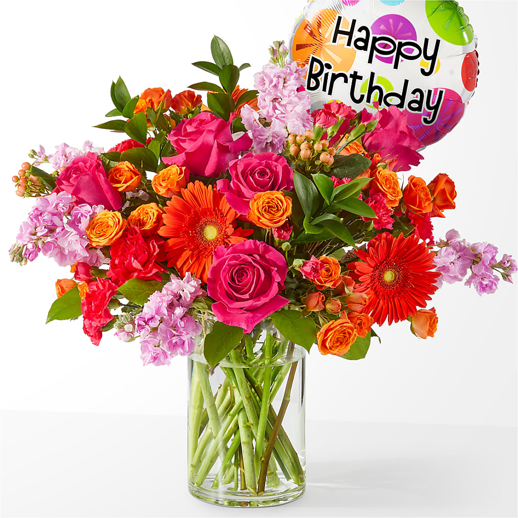Fiesta Bouquet with Birthday Balloon – Ballard Blossom Inc, Seattle WA