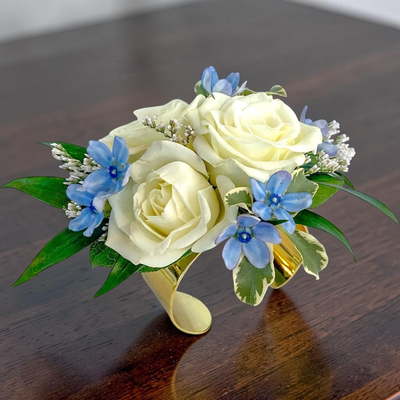 Cream and Blue Cuff Style Wrist Corsage – Ballard Blossom Inc, Seattle WA