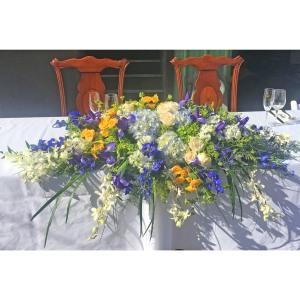 Blue, White and Yellow Head Table Centerpiece – Ballard Blossom Inc, Seattle WA