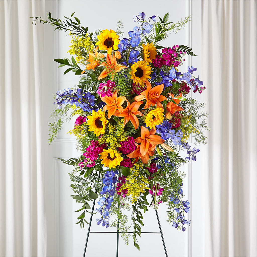 Sunlit Memories Standing Spray (Standard) – Ballard Blossom Inc, Seattle WA
