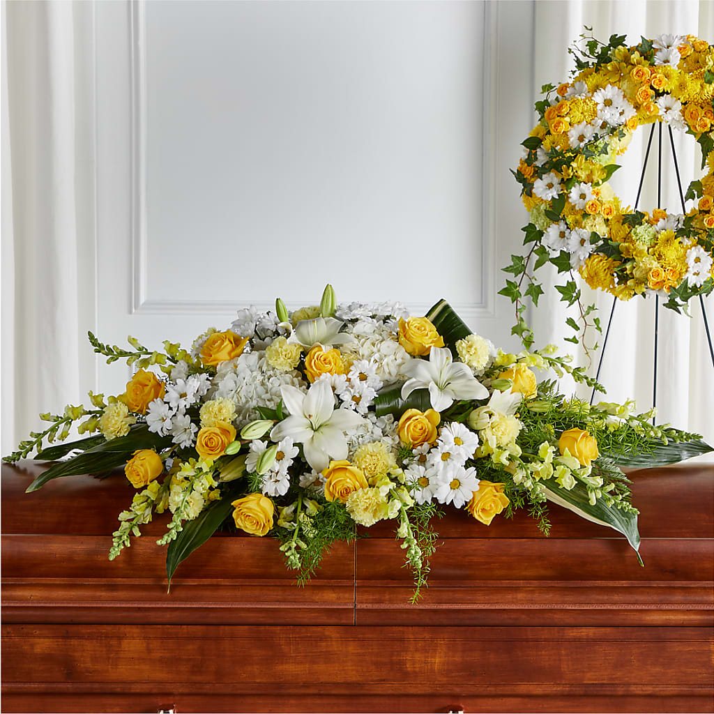 Golden Harmony Casket Spray – Ballard Blossom Inc, Seattle WA