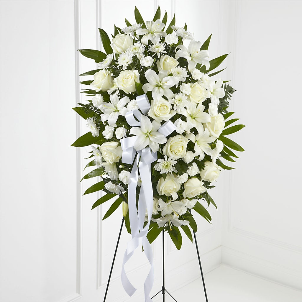 Exquisite Tribute Standing Spray-White Ribbon – Ballard Blossom Inc, Seattle WA