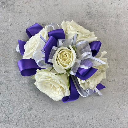 Amethyst and Cream Wrist Corsage –  Ballard Blossom Inc, Seattle WA