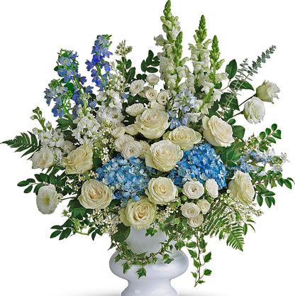 Treasured Memory Blue and White Funeral Arrangement –  Ballard Blossom Inc, Seattle WA