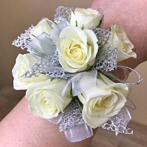 White Rose with Silver Wrist Corsage –  Ballard Blossom Inc, Seattle WA