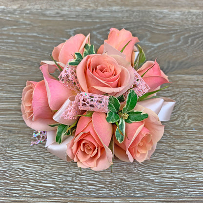 Peachy Keen Wrist Corsage –  Ballard Blossom Inc, Seattle WA
