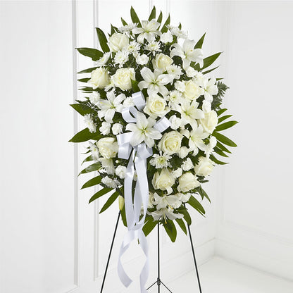 Exquisite Tribute Standing Spray-White Ribbon –  Ballard Blossom Inc, Seattle WA